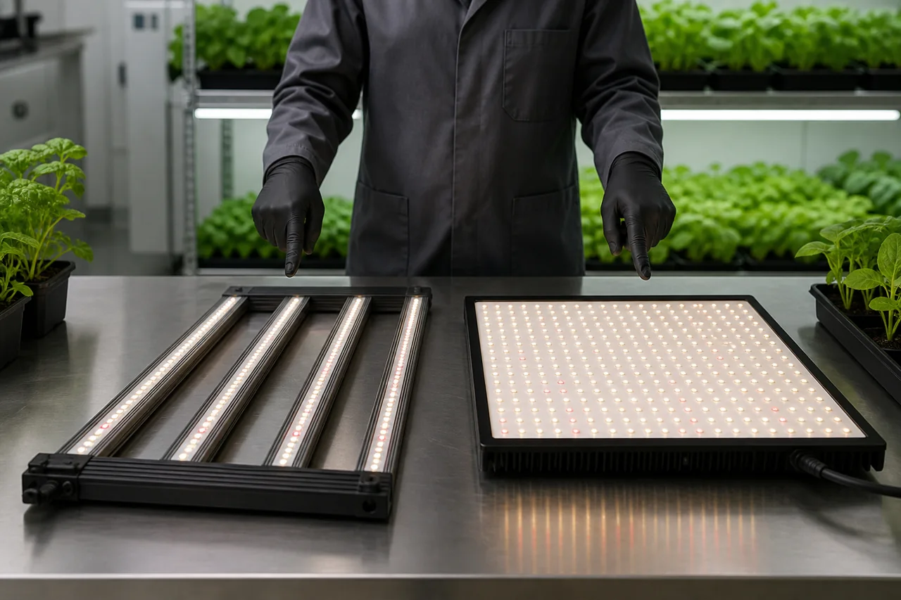 Bar LED fixture and quantum-board panel comparison