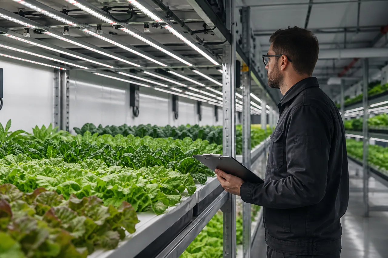 Lighting engineer reviewing an indoor commercial grow room