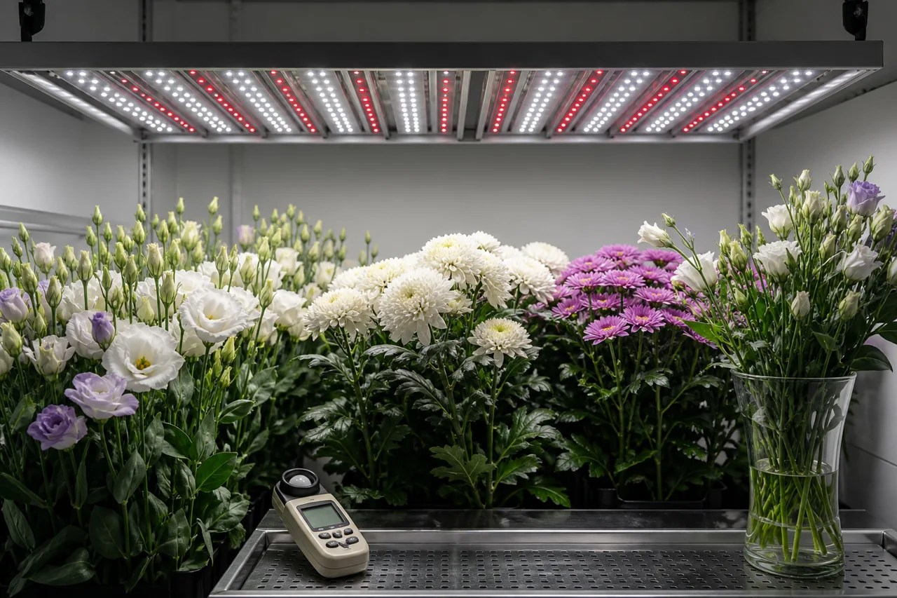 Cut flowers under an LED fixture with red and white diodes