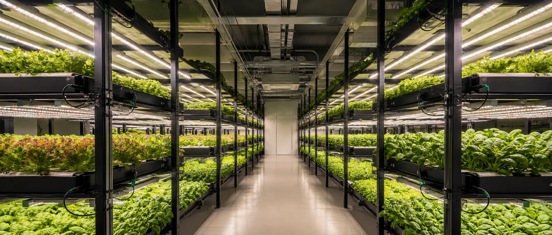Vertical farm racks with specialty crops under LED grow lighting