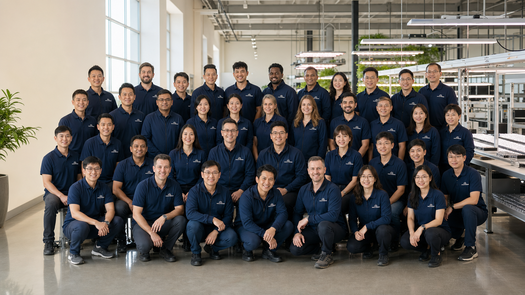 Weltesim team of more than 30 employees in branded navy uniforms at the LED lighting facility